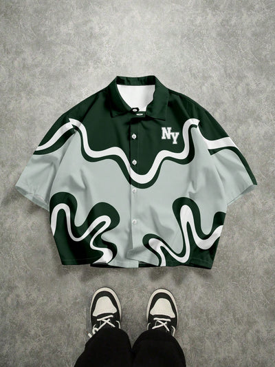 Manfinity EMRG Graphic Print Front Button Casual Short Sleeve Cropped Shirt